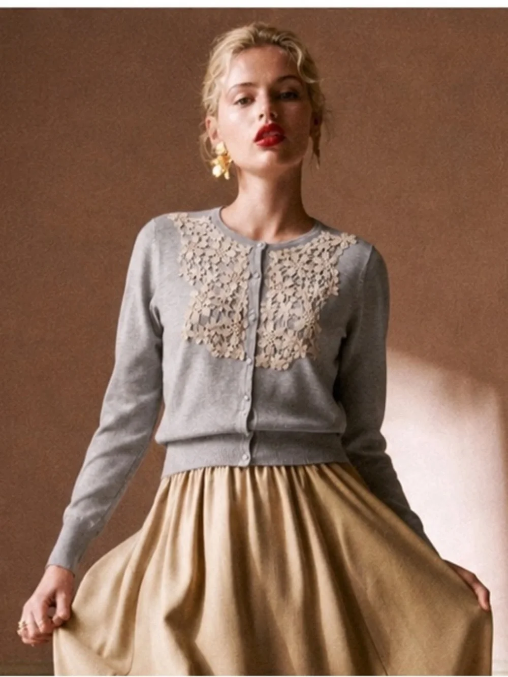 Silk Cotton Blend Gray Crew Neck Cardigan Sweater Cream Crochet Lace Yoke, S
